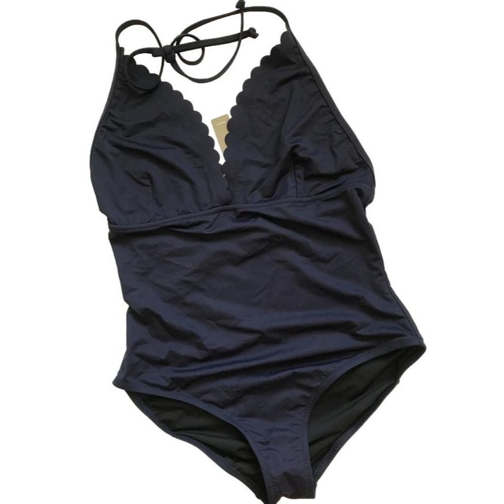 NEW JCrew $118 Scalloped V-Neck One-Piece Italian Matte Swimsuit 0 Navy F0762 - Picture 1 of 2